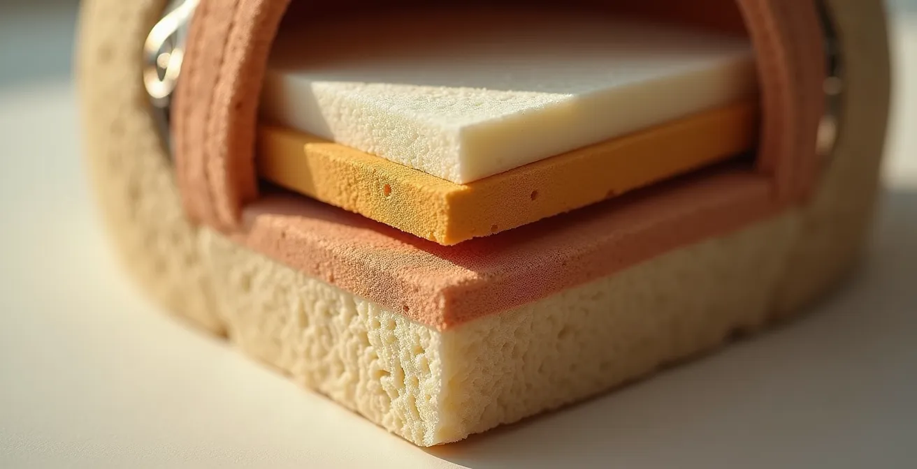 Détail de texture des mousses intérieures d'un casque et système de fermeture micrométrique