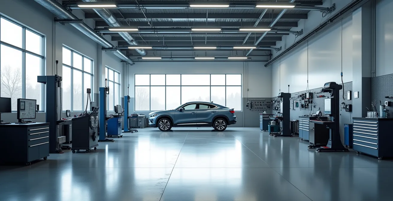 Vue d'ensemble d'un garage automobile moderne avec équipements professionnels