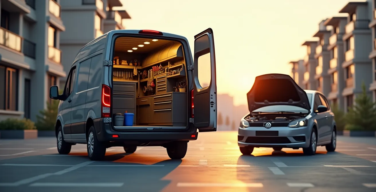 Mécanicien mobile intervenant sur une batterie de voiture dans un parking résidentiel