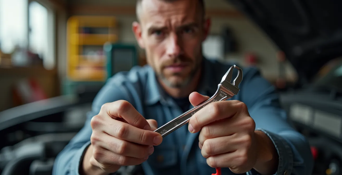Personne vérifiant ses outils dans son garage personnel avant une intervention sur batterie