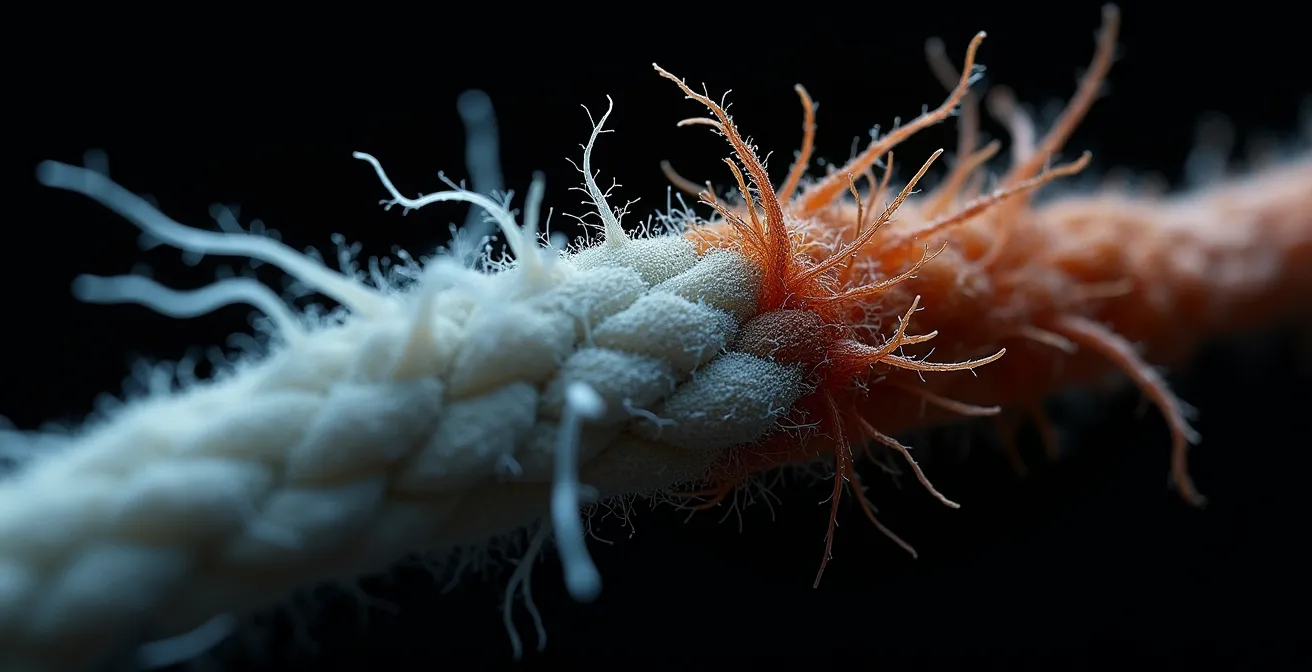 Vue microscopique comparative de fibres textiles saines et endommagées